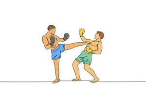 disegno a linea continua singola di kickboxer giovane sportivo che lotta per il titolo di campione nella sala sportiva. combattere il concetto di sport di kickboxing da competizione. illustrazione vettoriale di disegno di una linea alla moda