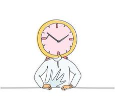 disegno a una linea di un giovane uomo d'affari arabo con la testa dell'orologio analogico in ufficio. concetto di metafora della disciplina del tempo di affari. moderna linea continua disegnare grafica vettoriale illustrazione.