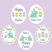 uova di Pasqua felici pastello con tulipani e coniglietti vettore
