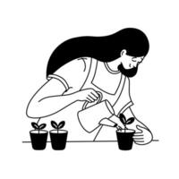 donna irrigazione piantine nel vasi di fiori, in crescita impianti o verdure semi a casa. urbano appartamento giardinaggio, interno biologico verdure agricoltura. orticoltura concetto. vettore