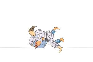 un disegno a linea singola due giovani energiche combattenti judoka combattono combattendo in palestra centro grafico illustrazione vettoriale. concetto di competizione sportiva di arte marziale. moderno disegno a linea continua vettore