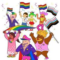 lgbt Comunità. bandiera con un' gruppo di persone partecipando nel un' orgoglio parata. scarabocchio vettore sfondo con gay, lesbica, transgender, e bisessuale.