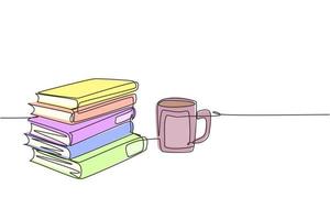 disegno a linea continua di una pila di libri con una tazza di caffè caldo cappuccino nero presso la biblioteca pubblica. libro di concetto educativo. illustrazione di disegno di una linea di disegno vettore