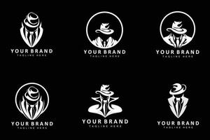 mafia logo disegno, smoking completo da uomo icona, vettore uomo d'affari, logo detective, marca etichetta
