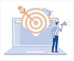 e-mail marketing, comunicazione e pubblicizzare concetto, uomo d'affari con megafono e mira e-mail su computer il computer portatile. piatto vettore moderno illustrazione