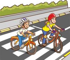 bambini con biciclette attraversamento il pedone attraversamento cartone animato vettore