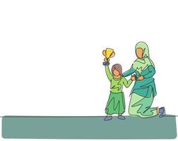 singolo disegno a linea continua della giovane mamma araba orgogliosa del successo di sua figlia vince il trofeo. concetto di maternità della famiglia musulmana islamica felice. illustrazione vettoriale di design alla moda con una linea di disegno