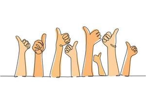 un disegno a tratteggio delle mani del braccio delle persone che si alzano con il gesto del pollice in alto. buon servizio di eccellenza nel concetto di segno del settore aziendale. illustrazione vettoriale di disegno grafico di disegno di linea continua
