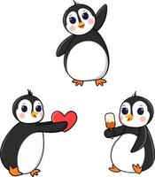 carino pinguino Condividere amore, mangiare ghiaccio crema e agitando ala vettore illustrazione impostato