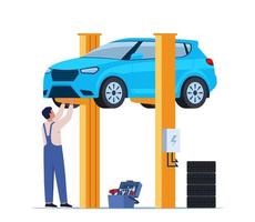 auto riparazione. auto meccanico vicino il auto sollevato su autolift. auto servizio e riparazione, diagnostica. auto servizio. vettore illustrazione.