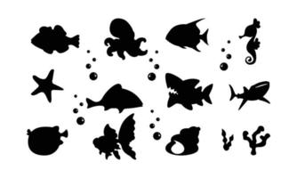 pesce mare animali silhouette vettore impostato fascio, elemento, modello, illustrazione ombra di stella marina, koi, cavalluccio marino, polpo, squalo modificabile