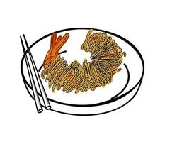 in profondità fritte gamberi avvolto nel vermicelli. tailandese merenda. piatto e scarabocchio vettore illustrazione