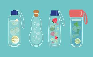 infusa acqua nel bicchiere bottiglie. frutta e verdure nel un' acqua. disintossicazione e rinfresco bevanda concetto. di moda vettore isolato elementi su un' blu sfondo. moderno illustrazione per ragnatela e Stampa.