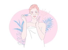 donna a casa con un' asciugamano su sua fare trucco biologico cosmetici, con le foglie e fiore, bellezza corpo cura concetto vettore