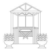 giardino Casa con tavolo dentro e fiore letti fuori, nero linea disegno, scarabocchio isolato su bianca sfondo. vettore