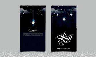 Ramadan kareem calligrafia, saluto carte, islamico lanterne design vettore