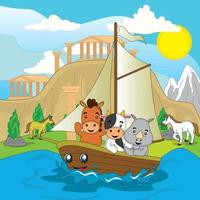 carino animale illustrazione, cavallo, mucca e rinoceronte andare in barca su il fiume con greco tempio Visualizza, vettore, eps10, modificabile vettore