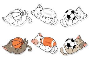 Pagina da colorare di cartoni animati per bambini con gatti e attrezzature sportive vettore