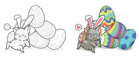 simpatico coniglietto gatto e uova per il giorno di pasqua pagina da colorare di cartoni animati per bambini