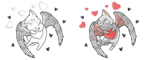 Il gatto Cupido sta abbracciando il cuore nella pagina da colorare dei cartoni animati di San Valentino per i bambini vettore