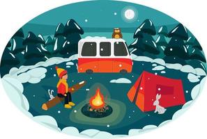 inverno campeggio concetto piatto illustrazione vettore