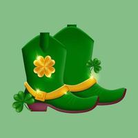 un' paio di verde fata stivali con oro fibbie e un' trifoglio. elfo scarpe per il irlandesi st. Patrick giorno Festival. vacanza simbolo. vettore illustrazione.