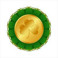 st. Patrick giorno oro trifoglio e verde nastro premio. bene fortuna icona, medaglia con trifoglio foglia isolato su bianca sfondo. vettore illustrazione.