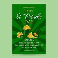st. Patrick giorno festa manifesto. marzo 17 ° celebrazione invito. verde sfondo con pentola di oro, fata cappello, oro monete, trifoglio. vettore illustrazione.