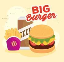 poster di fast food con hamburger, birra e patatine fritte vettore