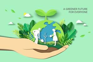 pergolato giorno striscione. carta tagliare illustrazione di Due adulto sagome piantare un' piccolo albero nel natura per più verde il mondo ambiente vettore
