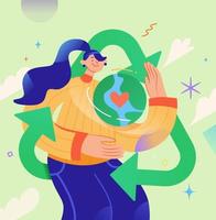 terra giorno illustrazione di un' donna Tenere un' pianeta nel mano con amore e cura. concetto di raccolta differenziata e Salvataggio il pianeta per il Il prossimo generazione. vettore