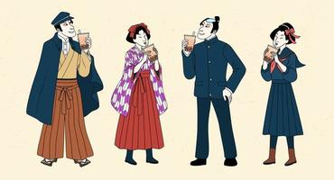 giapponese avendo bolla latte tè. persone di taisho periodo potabile tapioca latte tè isolato su beige sfondo vettore