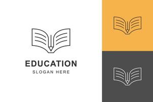 libro e matita logo design linea stile vettore elemento simbolo icona design per formazione scolastica scuola, schizzo libro logo design