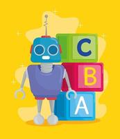 giocattoli per bambini, cubetti di alfabeto con lettere abc e robot vettore