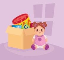 giocattoli per bambini, bambola carina e giocattoli in una scatola vettore