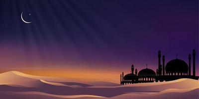 islamico carta con moschee cupola, mezzaluna Luna su blu cielo sfondo, verticale bandiera Ramadan notte con crepuscolo crepuscolo cielo per islamico religione, eid al-adha, eid mubarak, eid al fitr, ramadan kareem vettore