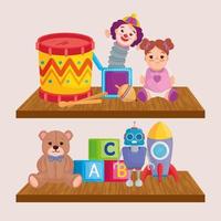 giocattoli per bambini sugli scaffali in legno vettore