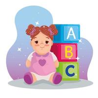giocattoli per bambini, bambola carina e cubetti alfabetici con lettere abc vettore
