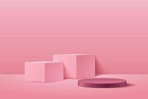 cubo astratto e display rotondo per prodotto sul sito Web in chiave moderna. rendering di sfondo con podio e scena di muro trama rosa minima, rendering 3d colore rosa rosso forma geometrica. vettore eps10