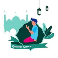 Ramadan tema, illustrazione di un' coppia di islamico personaggi e un islamico famiglia vettore