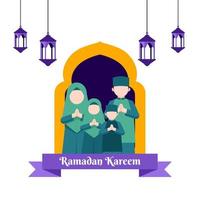Ramadan tema, illustrazione di un' coppia di islamico personaggi e un islamico famiglia vettore