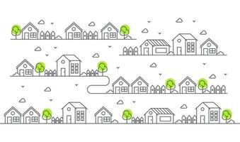 illustrazione di case in varie forme con alberi. bella vista residenziale. vettore