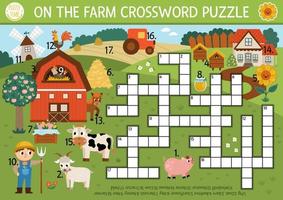 vettore su il azienda agricola cruciverba puzzle per bambini. semplice azienda agricola quiz con rurale nazione paesaggio per bambini. educativo attività con mucca, contadino, fienile. carino attraversare parola con villaggio scena