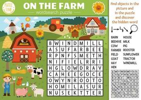 vettore su il azienda agricola ricerca di parole puzzle per bambini. semplice azienda agricola parola ricerca quiz con rurale nazione paesaggio. educativo attività con mucca, contadino, fienile. attraversare parola con villaggio scena