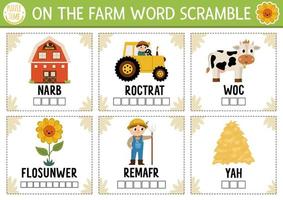 vettore su il azienda agricola parola corsa attività pagina. inglese linguaggio gioco con fienile, trattore, contadino per bambini. rurale campagna famiglia quiz con girasole, mucca. educativo stampabile foglio di lavoro.