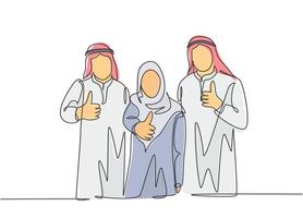 un disegno a tratteggio continuo di giovani dipendenti musulmani felici che danno il pollice in alto gesto per celebrare la promozione del lavoro. abbigliamento islamico shemag, sciarpa, kefiah. illustrazione vettoriale di disegno a linea singola