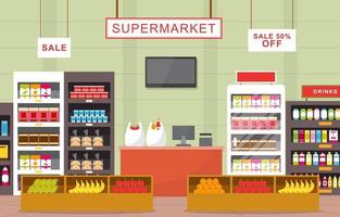 illustrazione piana interna della drogheria del supermercato vettore