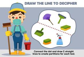 formazione scolastica gioco per bambini Aiuto bidello disegnare il Linee per separato pulizia attrezzatura stampabile attrezzo foglio di lavoro