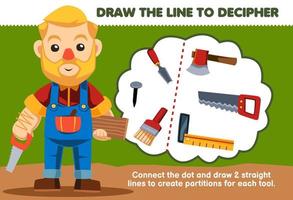formazione scolastica gioco per bambini Aiuto il uomo disegnare il Linee per separato falegname attrezzatura stampabile attrezzo foglio di lavoro vettore