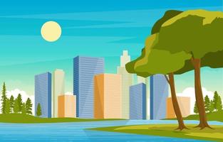 skyline della città con parco, alberi e illustrazione del fiume vettore